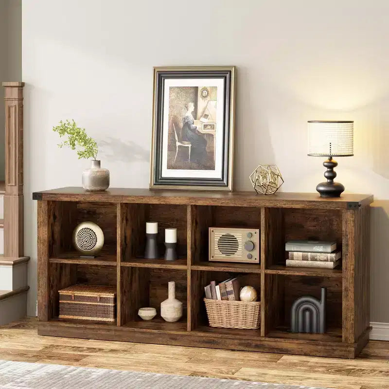 Bibliothèque de rangement à 8 casiers, style champêtre, modèle horizontal, bibliothèque en bois de 62 pouces pour entrée, longues bibliothèques basses pour salon