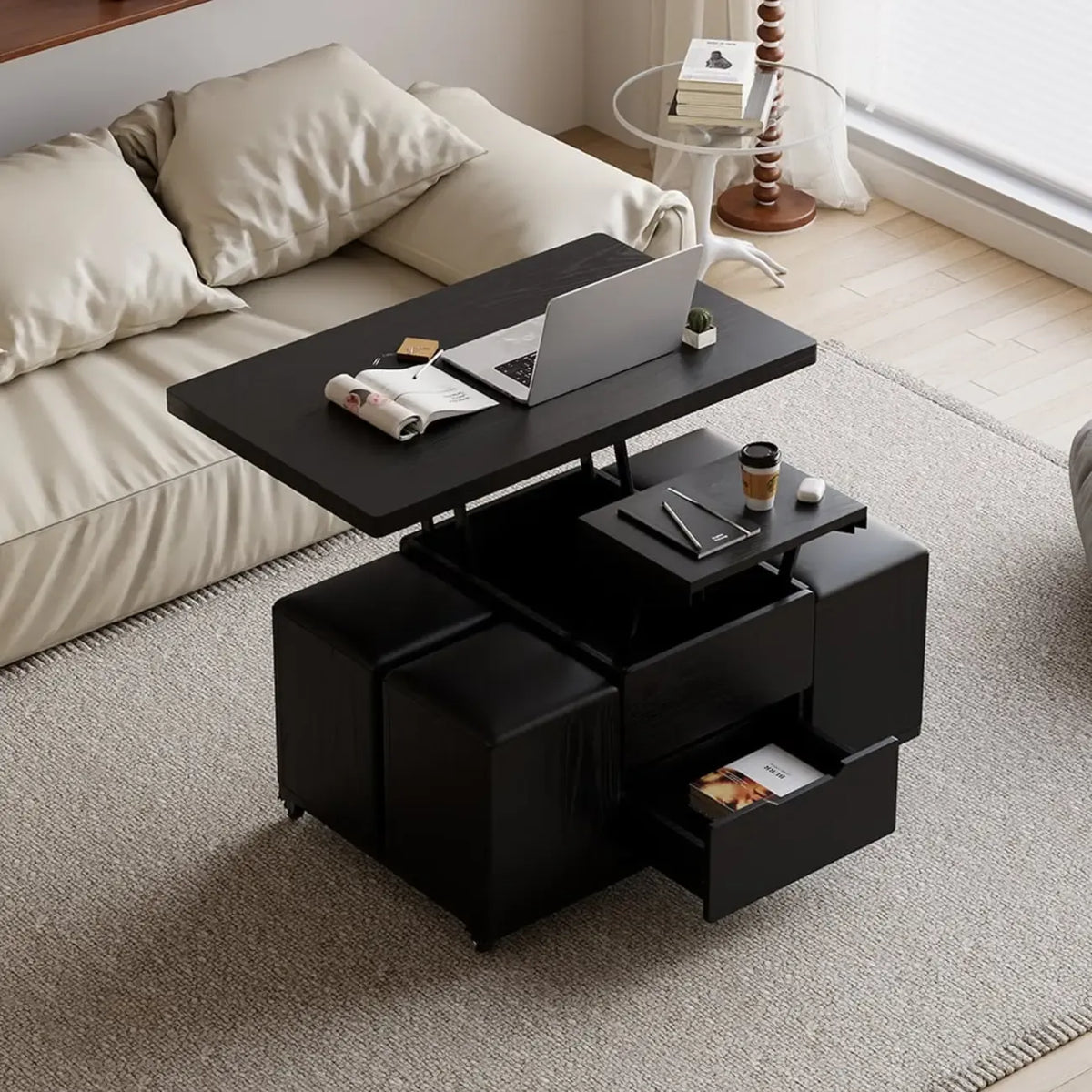 Table basse pliable à plateau relevable avec 4 tabourets et rangement
