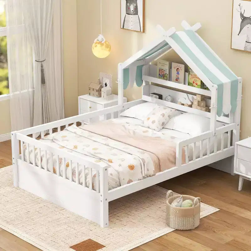 Lit cabane en bois ModernLuxe pour lit simple ou double avec tête de lit de rangement, cadre de lit pour enfant en pin massif avec barrières de sécurité