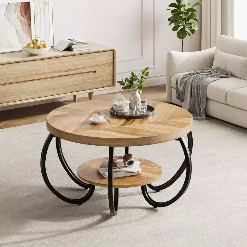 Ronde industriële salontafel van 30 inch, 2 niveaus, met verstelbare voetjes, plank met houtnerf, vlamontwerp, eenvoudig te monteren, voor de woonkamer