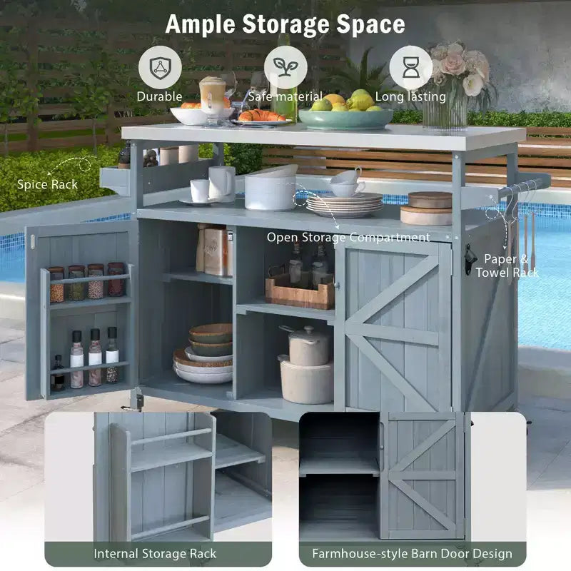Îlot de cuisine d’extérieur Okak avec plateau en acier inoxydable, desserte de cuisine en bois avec portes, étagères et porte-épices, îlot de cuisine à roulettes
