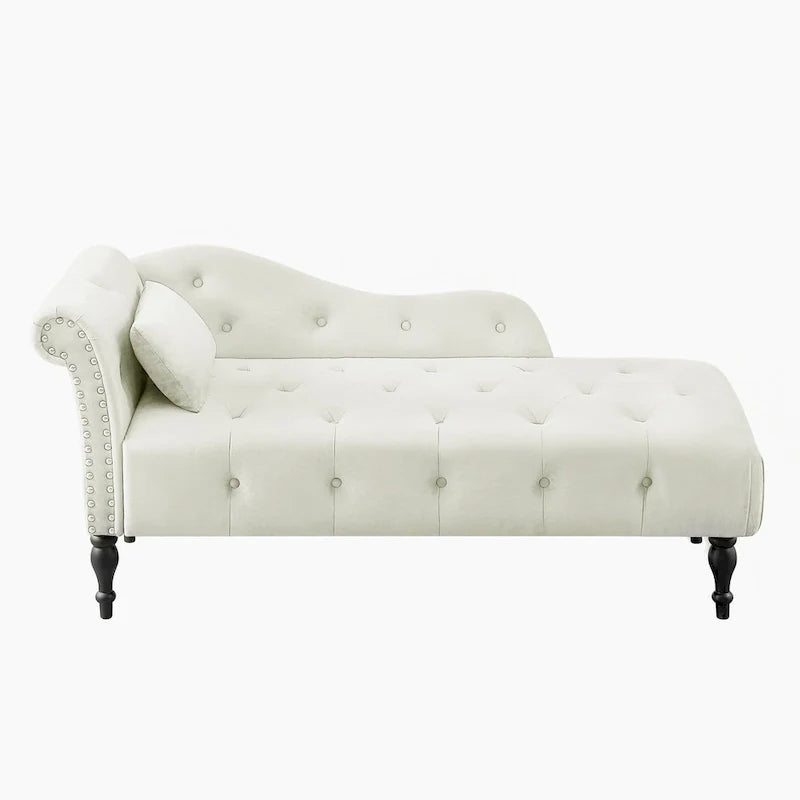 Moderne chaise longue van 60,6, bekleed met fluweel en voorzien van gecapitonneerde knopen, met poten van massief hout en sierspijkers