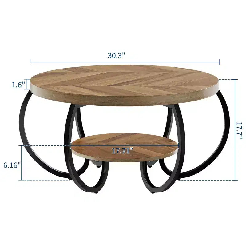 Ronde industriële salontafel van 30 inch, 2 niveaus, met verstelbare voetjes, plank met houtnerf, vlamontwerp, eenvoudig te monteren, voor de woonkamer