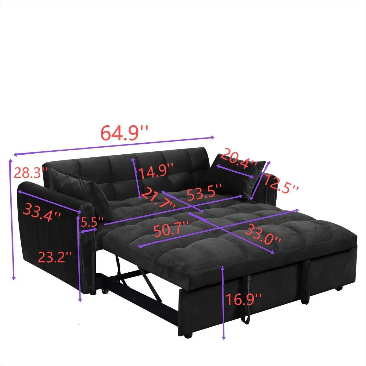 64.96 fluwelen slaapbank 3-in-1 met verstelbare rugleuning, opbergvak en draagvermogen van 500lb