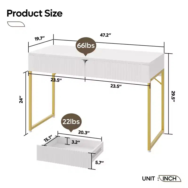 Scrivania scanalata da 47" con 2 cassetti e struttura in metallo dorato, 119 cm (L) x 50 cm (P) x 75 cm (A), bianca