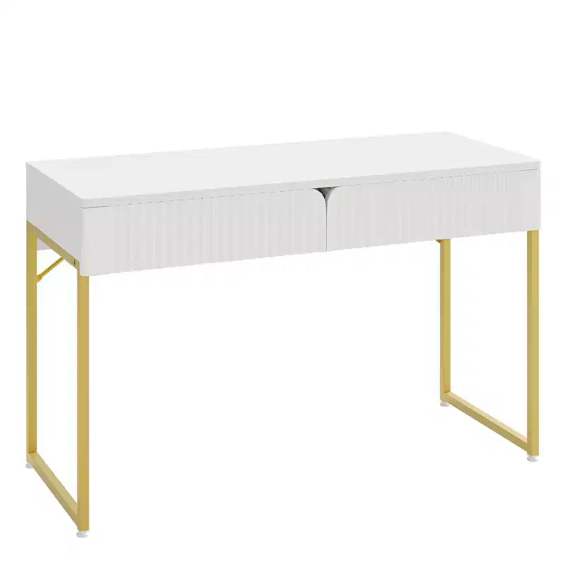 Scrivania scanalata da 47" con 2 cassetti e struttura in metallo dorato, 119 cm (L) x 50 cm (P) x 75 cm (A), bianca