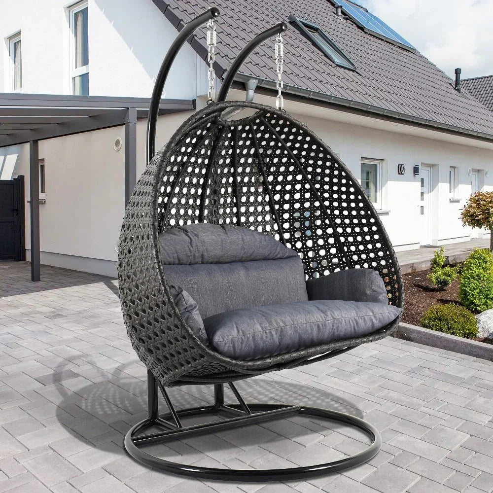 Fauteuil œuf suspendu 2 places LeisureMod avec support - fauteuil hamac balançoire de patio en osier de rotin pour l’extérieur et l’intérieur, avec coussins