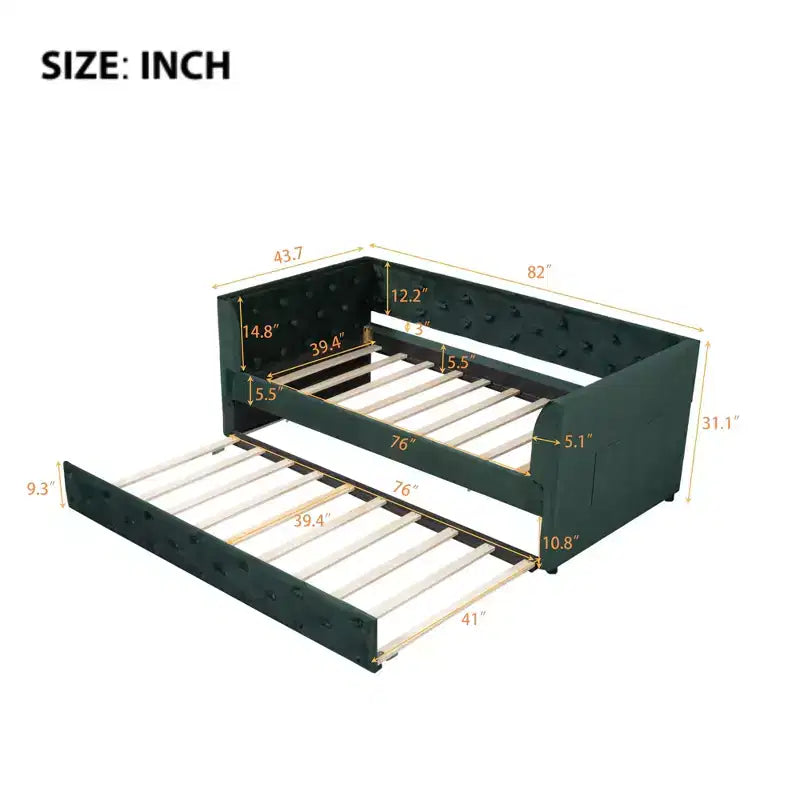 Divano letto singolo imbottito in velluto con letto estraibile, 111 cm L x 208 cm P x 79 cm H, Verde
