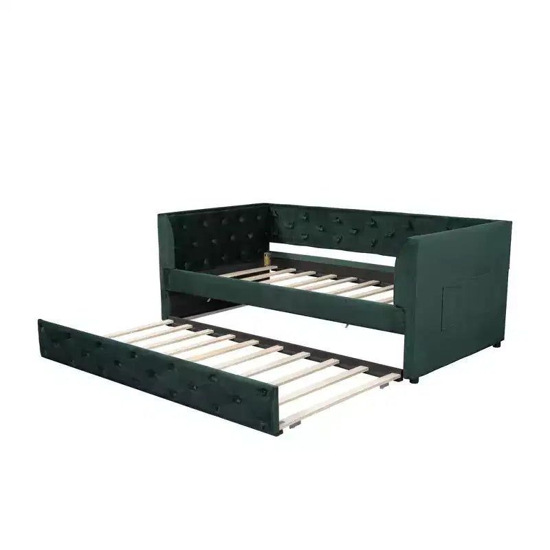 Divano letto singolo imbottito in velluto con letto estraibile, 111 cm L x 208 cm P x 79 cm H, Verde
