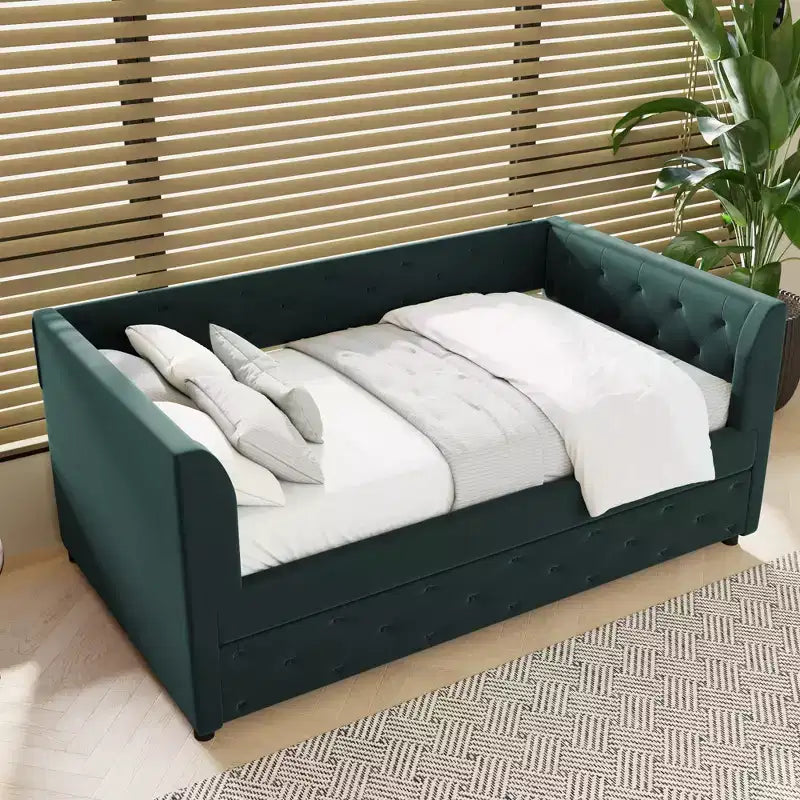 Divano letto singolo imbottito in velluto con letto estraibile, 111 cm L x 208 cm P x 79 cm H, Verde