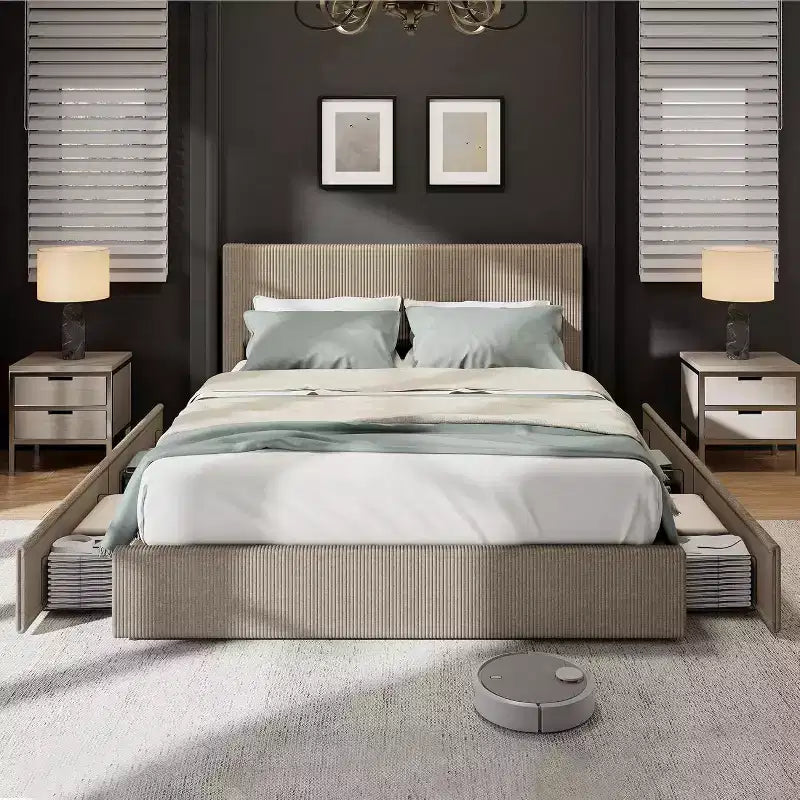 Letto a Piattaforma Rivestito in Velluto a Coste con 4 Cassetti Contenitore e Doghe in Legno, Nessuna Rete a Molle Necessaria, Matrimoniale/Queen/King
