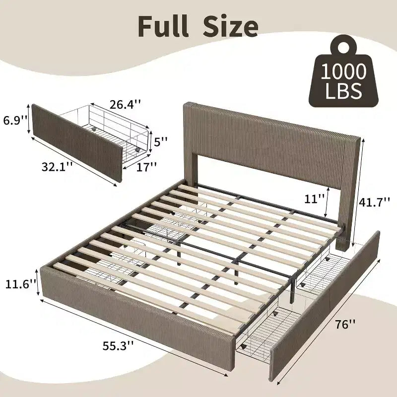 Letto a Piattaforma Rivestito in Velluto a Coste con 4 Cassetti Contenitore e Doghe in Legno, Nessuna Rete a Molle Necessaria, Matrimoniale/Queen/King