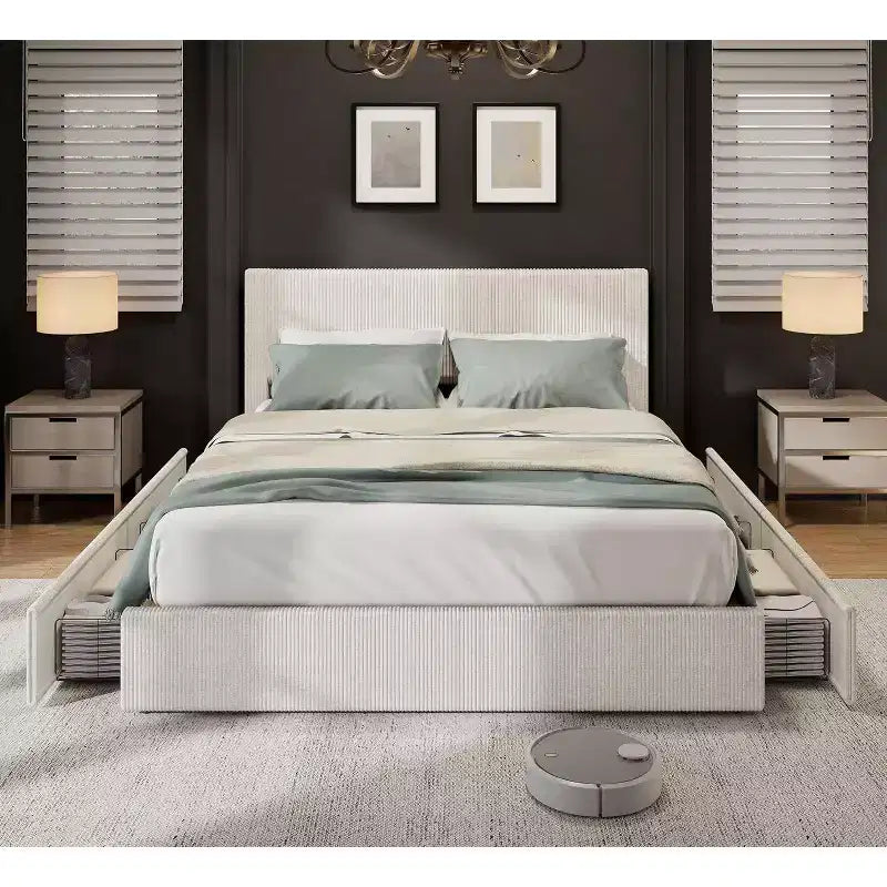Letto a Piattaforma Rivestito in Velluto a Coste con 4 Cassetti Contenitore e Doghe in Legno, Nessuna Rete a Molle Necessaria, Matrimoniale/Queen/King