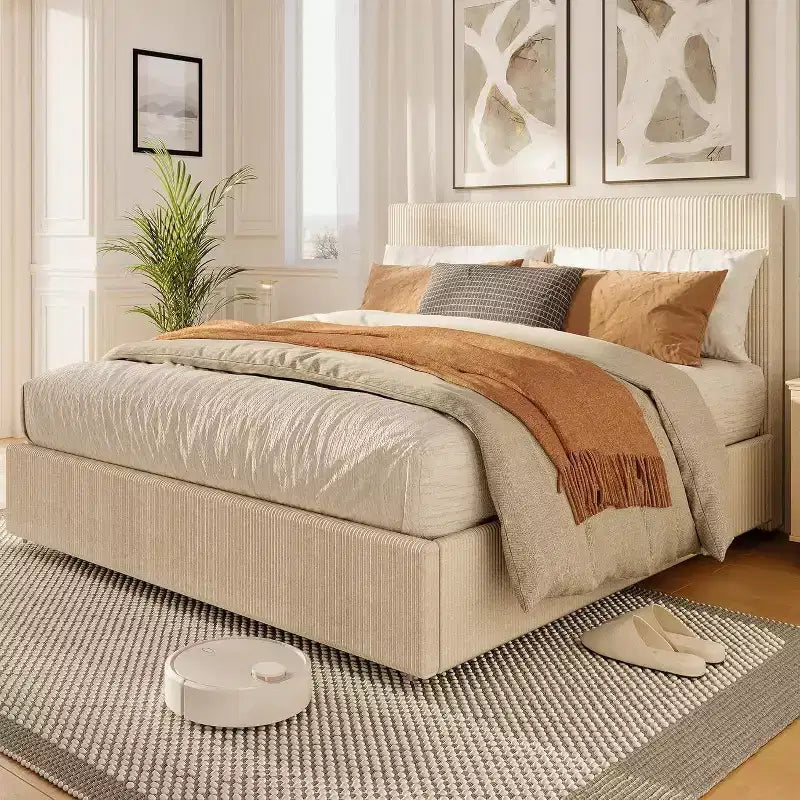 Letto a Piattaforma Rivestito in Velluto a Coste con 4 Cassetti Contenitore e Doghe in Legno, Nessuna Rete a Molle Necessaria, Matrimoniale/Queen/King