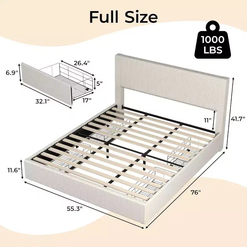 Letto a Piattaforma Rivestito in Velluto a Coste con 4 Cassetti Contenitore e Doghe in Legno, Nessuna Rete a Molle Necessaria, Matrimoniale/Queen/King