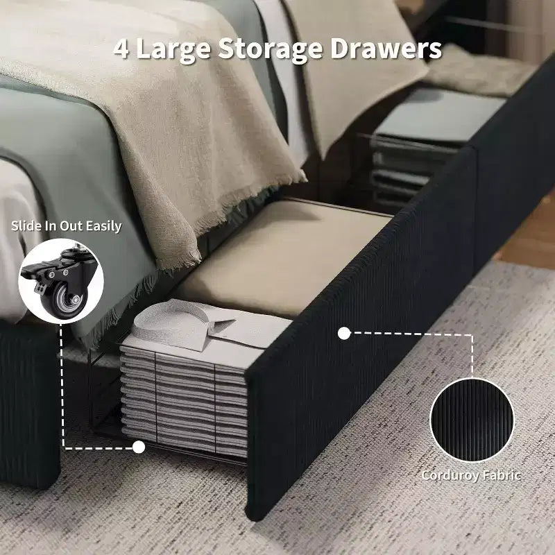 Letto a Piattaforma Rivestito in Velluto a Coste con 4 Cassetti Contenitore e Doghe in Legno, Nessuna Rete a Molle Necessaria, Matrimoniale/Queen/King