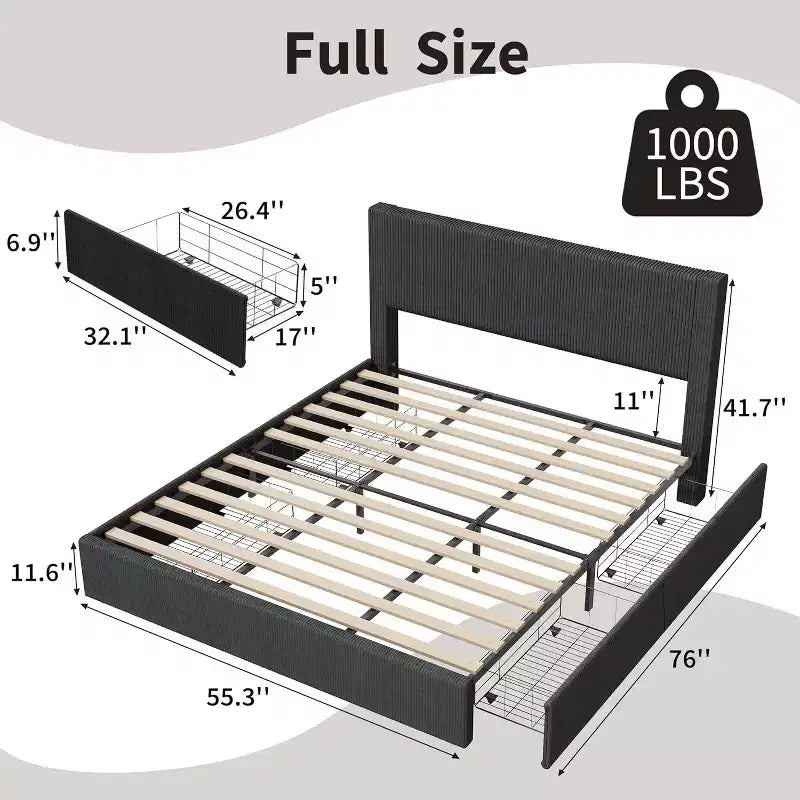 Letto a Piattaforma Rivestito in Velluto a Coste con 4 Cassetti Contenitore e Doghe in Legno, Nessuna Rete a Molle Necessaria, Matrimoniale/Queen/King