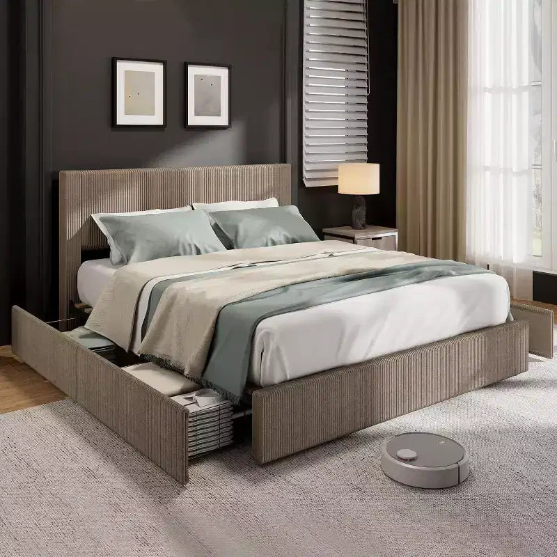 Letto a Piattaforma Rivestito in Velluto a Coste con 4 Cassetti Contenitore e Doghe in Legno, Nessuna Rete a Molle Necessaria, Matrimoniale/Queen/King