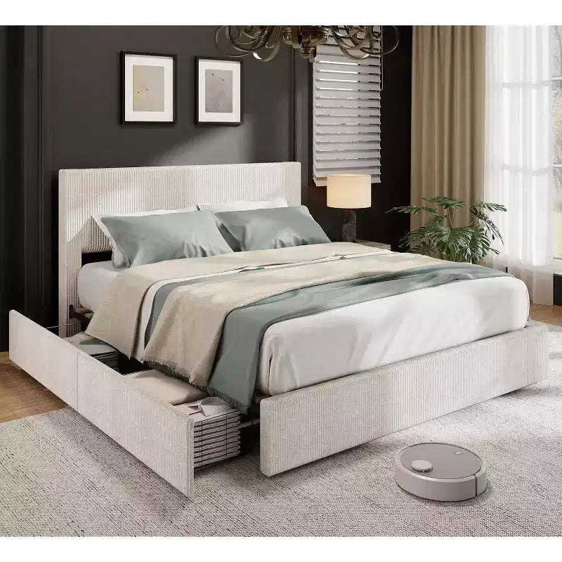 Letto a Piattaforma Rivestito in Velluto a Coste con 4 Cassetti Contenitore e Doghe in Legno, Nessuna Rete a Molle Necessaria, Matrimoniale/Queen/King