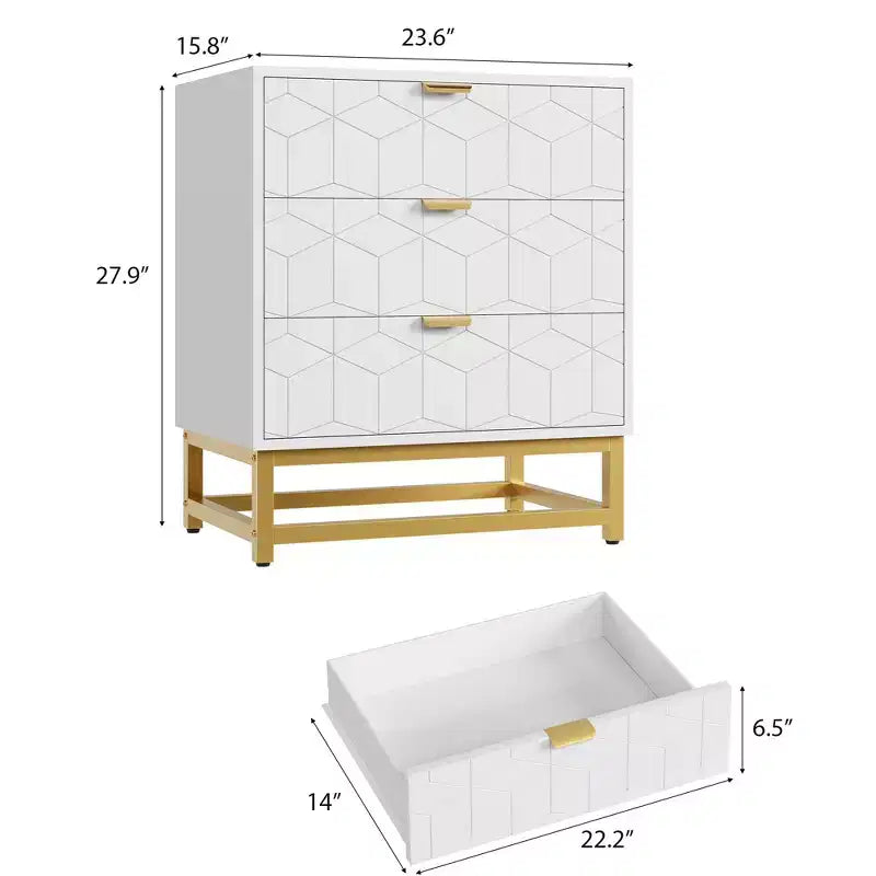 Cassettiera a 3 Cassetti con Gambe e Maniglie in Metallo Dorato, MDF, Antiribaltamento, 3 Opzioni di Colore