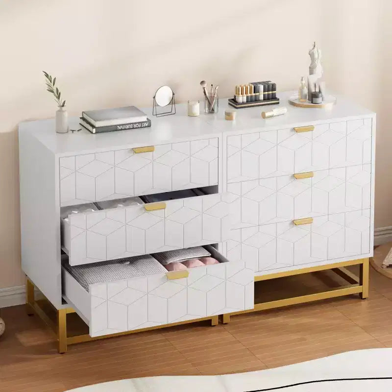 Cassettiera a 3 Cassetti con Gambe e Maniglie in Metallo Dorato, MDF, Antiribaltamento, 3 Opzioni di Colore