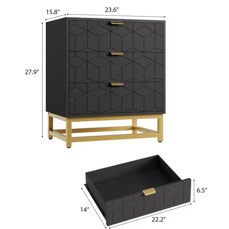 Cassettiera a 3 Cassetti con Gambe e Maniglie in Metallo Dorato, MDF, Antiribaltamento, 3 Opzioni di Colore