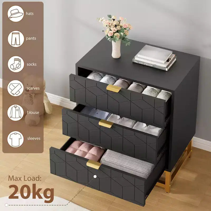 Cassettiera a 3 Cassetti con Gambe e Maniglie in Metallo Dorato, MDF, Antiribaltamento, 3 Opzioni di Colore