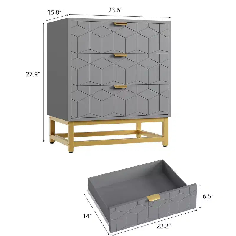 Cassettiera a 3 Cassetti con Gambe e Maniglie in Metallo Dorato, MDF, Antiribaltamento, 3 Opzioni di Colore