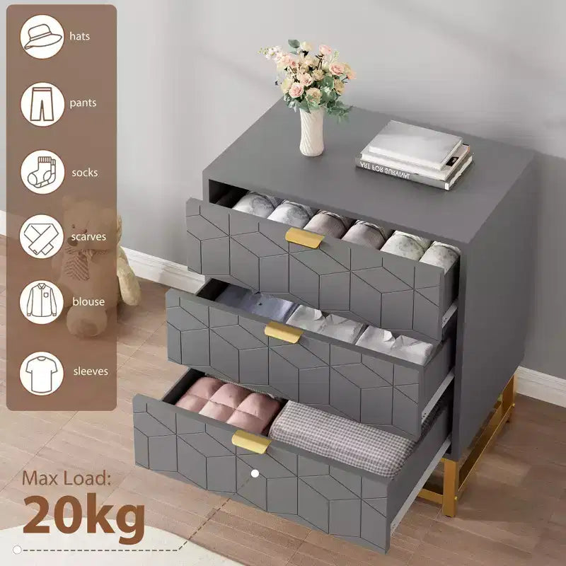 Cassettiera a 3 Cassetti con Gambe e Maniglie in Metallo Dorato, MDF, Antiribaltamento, 3 Opzioni di Colore