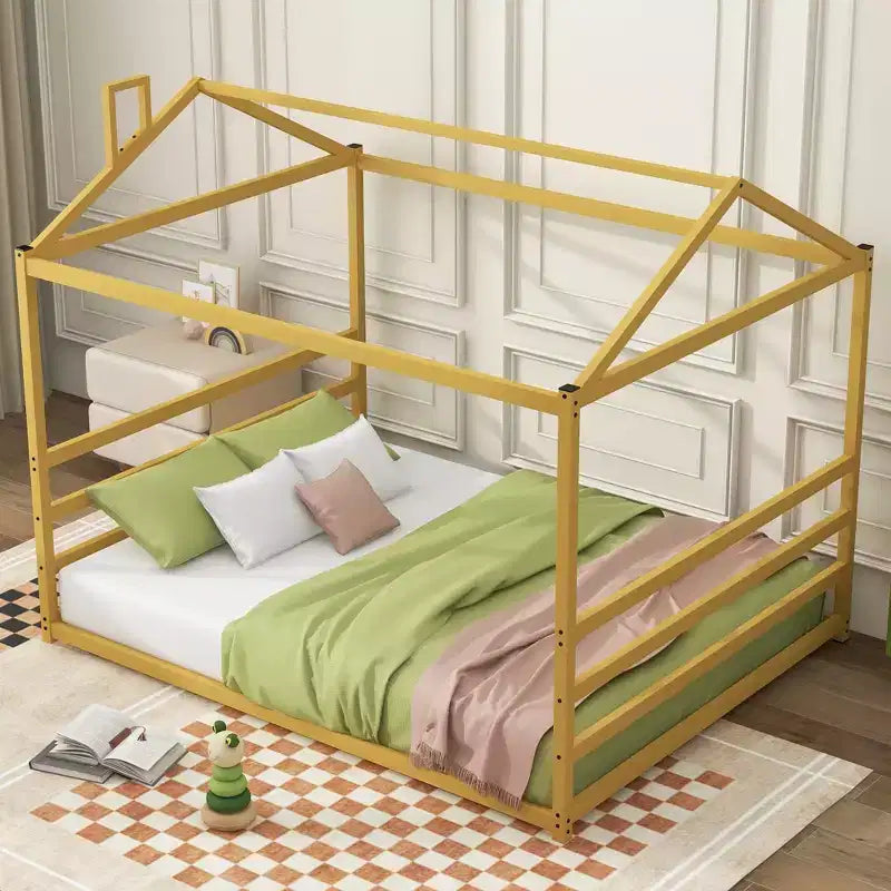 Bellemave Metal Queen Size Floor Bed for Kids,Montessori Floor Bed with Roof,House Bed Frame Queen for Boys Girls, Gold