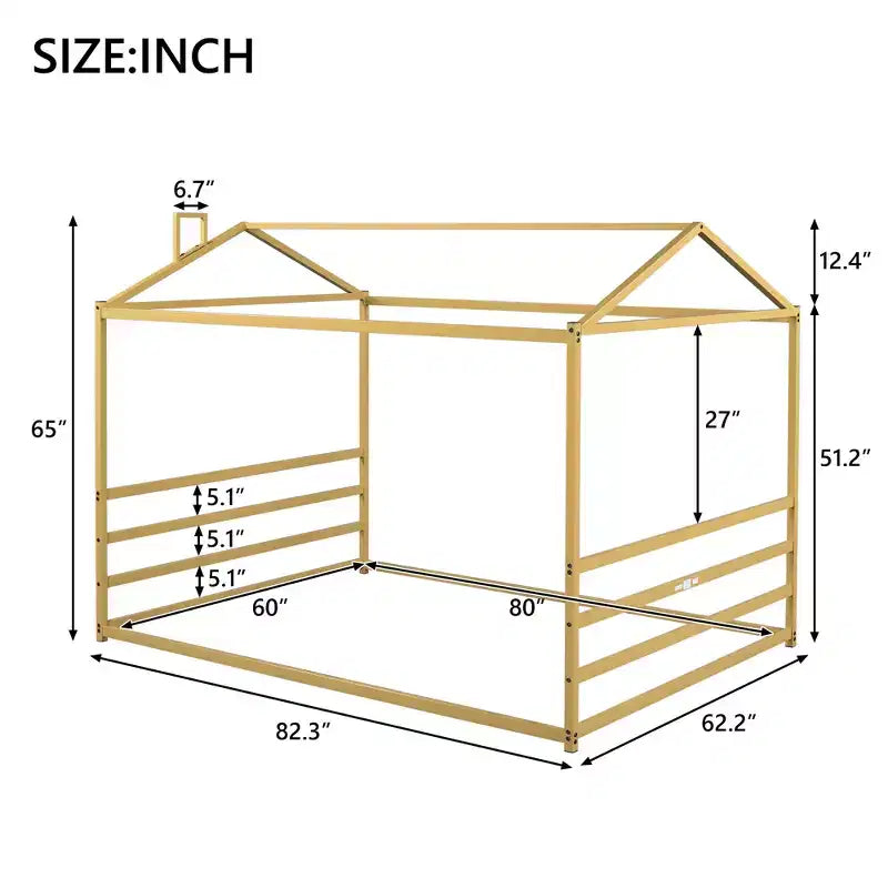 Letto a pavimento a forma di casetta in metallo per bambini, Queen Size, basso, 62,2"L x 82,3"P x 65"A, oro