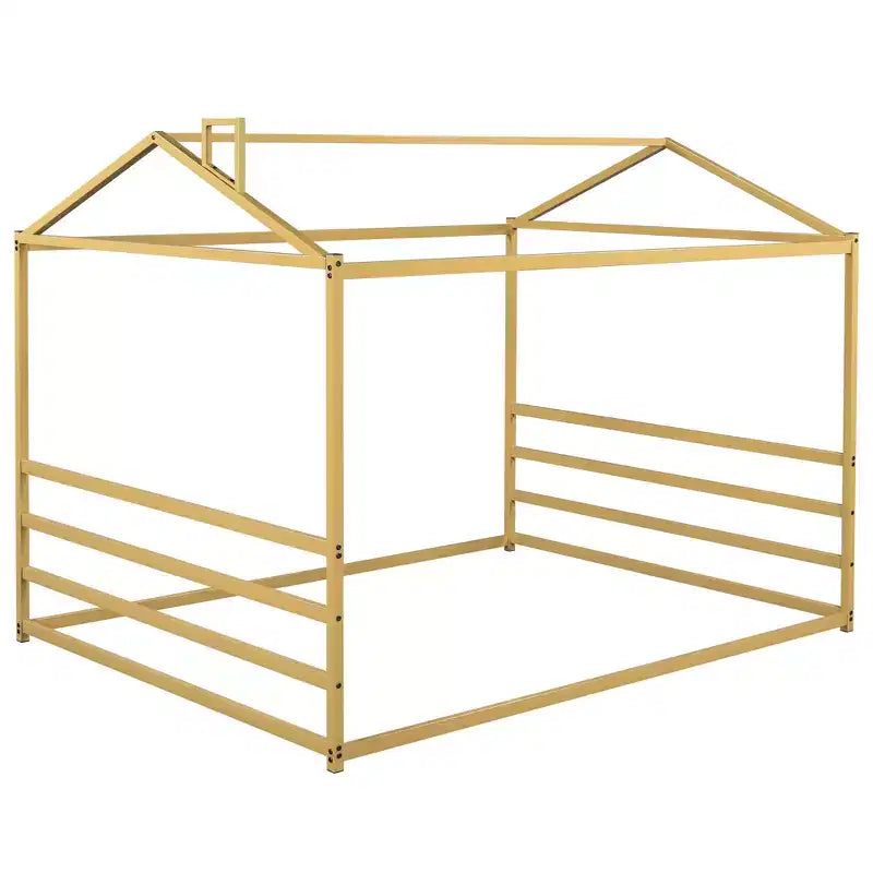 Letto a pavimento a forma di casetta in metallo per bambini, Queen Size, basso, 62,2"L x 82,3"P x 65"A, oro