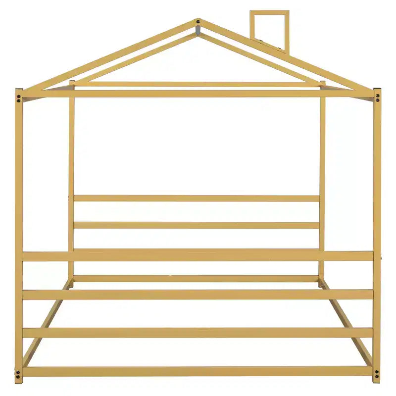 Letto a pavimento a forma di casetta in metallo per bambini, Queen Size, basso, 62,2"L x 82,3"P x 65"A, oro