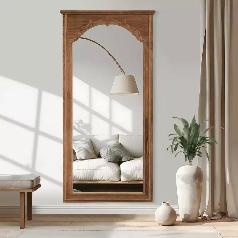 MAYEERTY Full Length Mirror Solid Wood Inner Arch Carved Right Angle Brown 71x35x2in No Stand