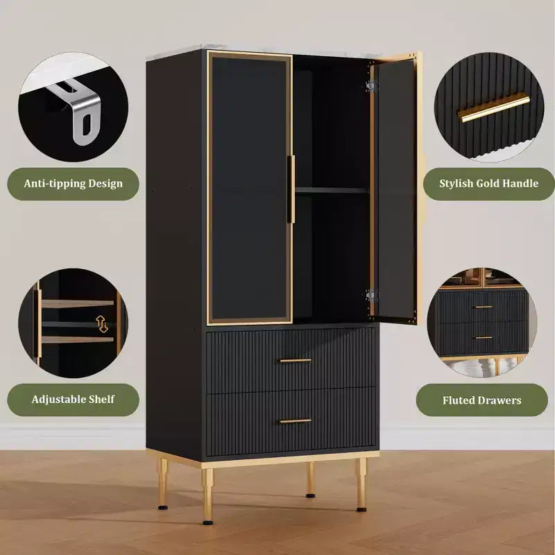 Armadio contenitore scanalato con ante in vetro e 2 cassetti