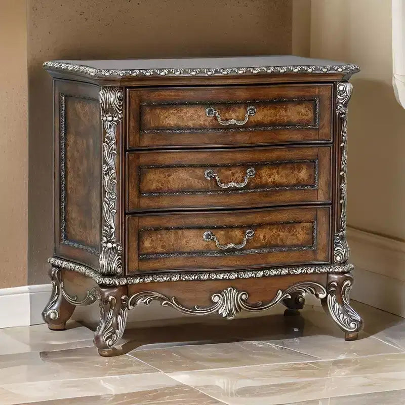 Royal Hampton Vany Nightstand, Traditional Floral Trim, 3 Drawers, Cherry Brown