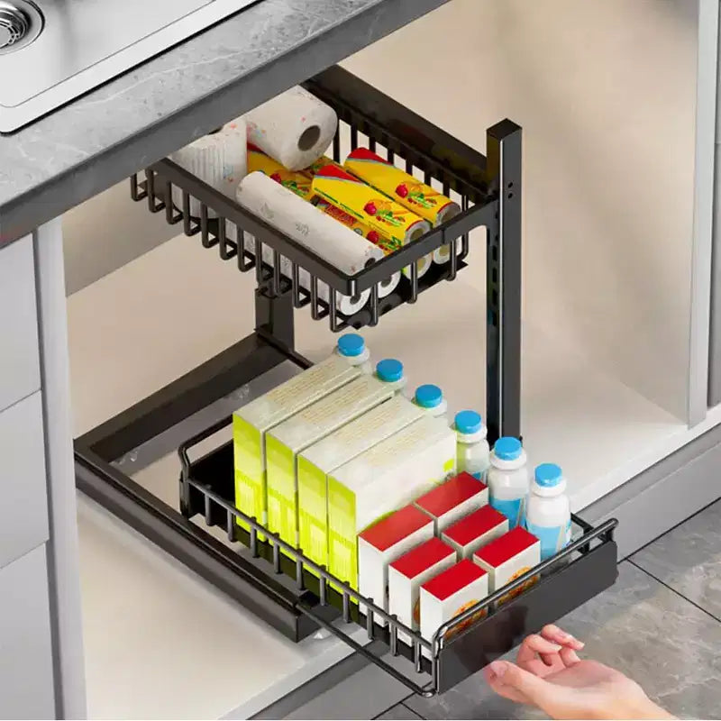 Organizzatore sottolavello con cassetti estraibili, mensola regolabile a 2 livelli a forma di L per armadietto