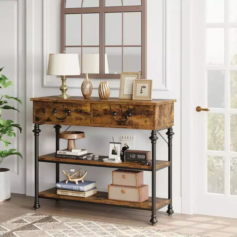Slim Console Table with 2 Drawers and Open Shelves, Narrow Entryway Table for Hallway, Living Room and Behind Sofa