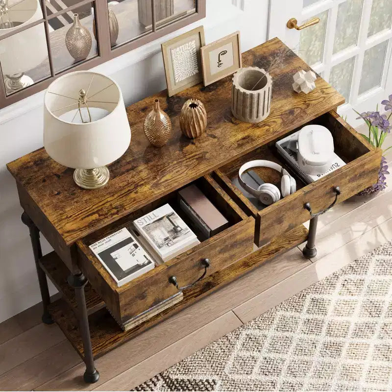 Slim Console Table with 2 Drawers and Open Shelves, Narrow Entryway Table for Hallway, Living Room and Behind Sofa