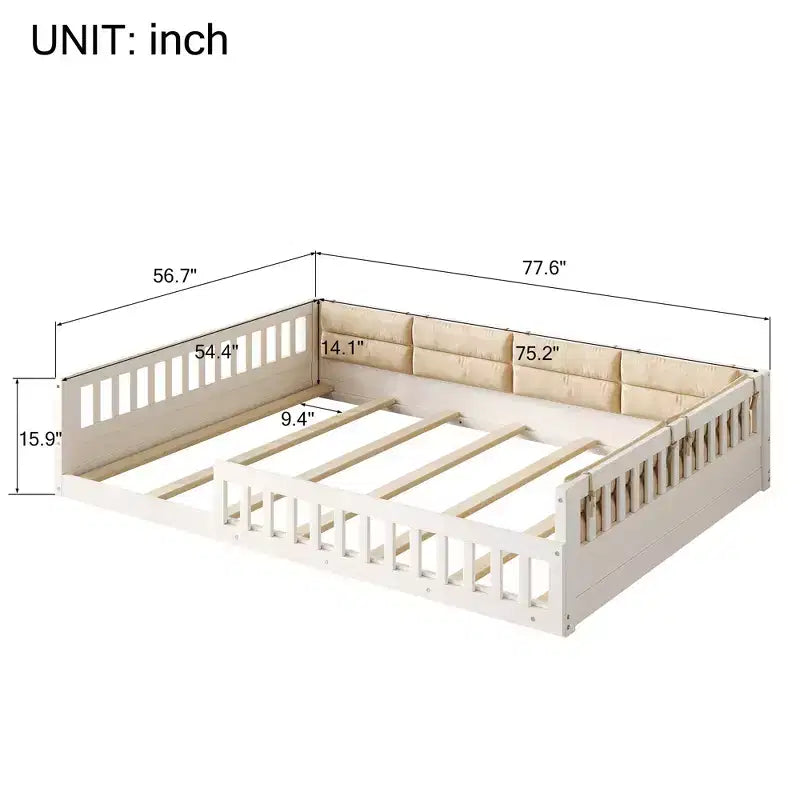 Letto a piattaforma a grandezza naturale per bambini con sponde laterali e cuscini imbottiti