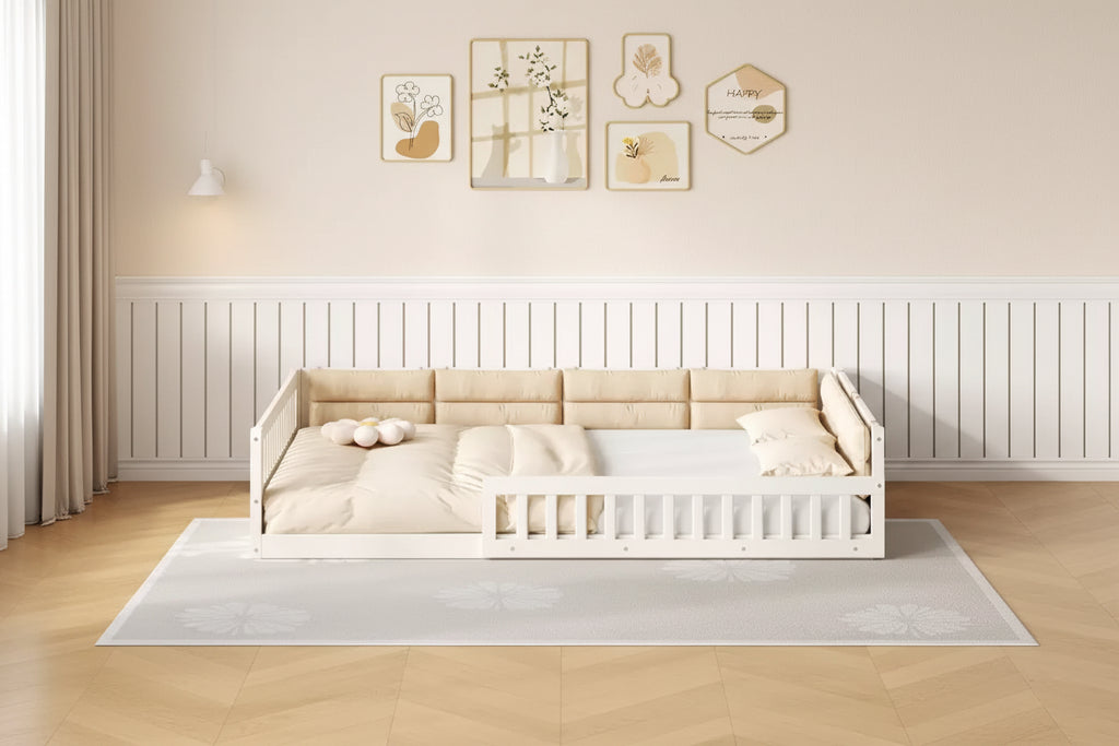 Letto a piattaforma a grandezza naturale per bambini con sponde laterali e cuscini imbottiti