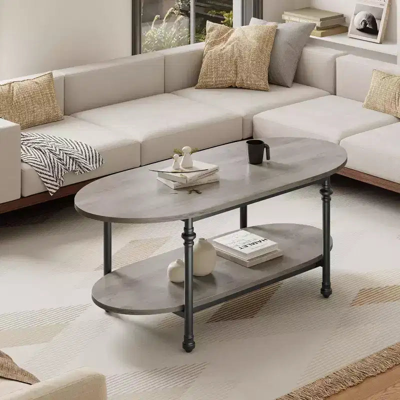 Farmhouse Oval Coffee Table w/Storage, 2-Tier Wood Center Table for Living Room, Modern Coffee Table for Small Space, Office, Apartment