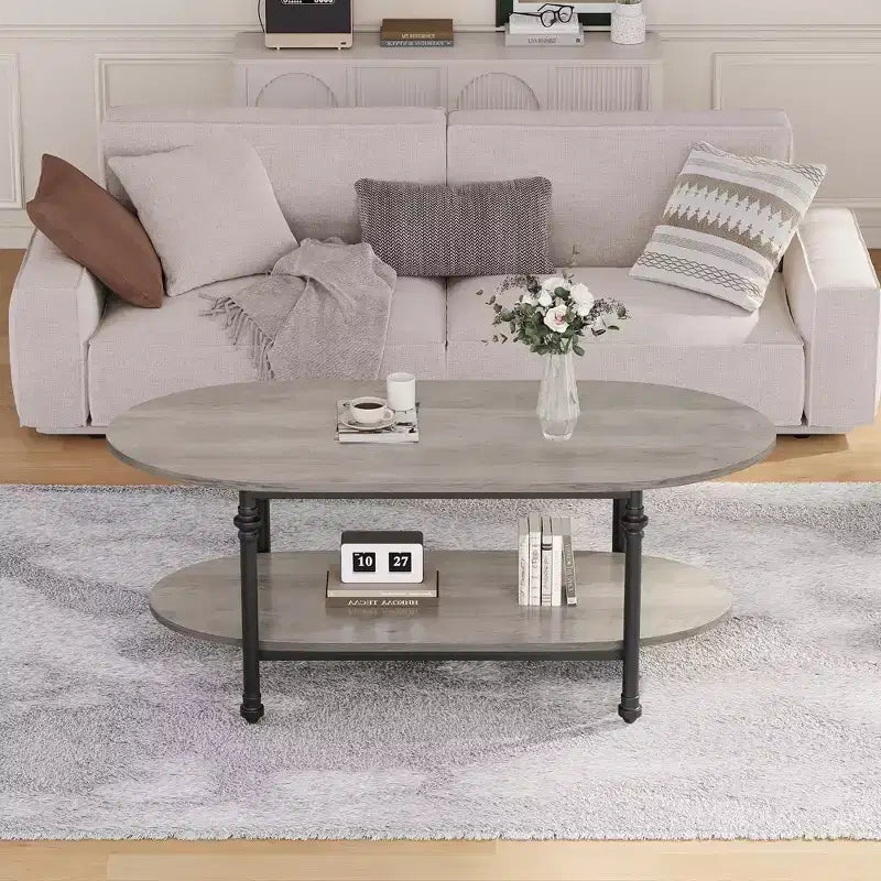 Tavolino da caffè ovale a 2 ripiani con mensola portaoggetti, gambe in metallo, 128,5 cm L x 65,5 cm P x 12 cm A, Grigio/Marrone