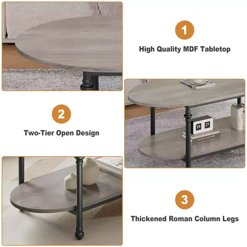 Tavolino da caffè ovale a 2 ripiani con mensola portaoggetti, gambe in metallo, 128,5 cm L x 65,5 cm P x 12 cm A, Grigio/Marrone