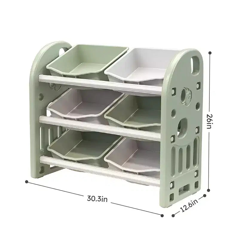 Organizzatore porta giocattoli per bambini con ripiani in HDPE e 6 contenitori, 77 cm L x 32 cm P x 66 cm H