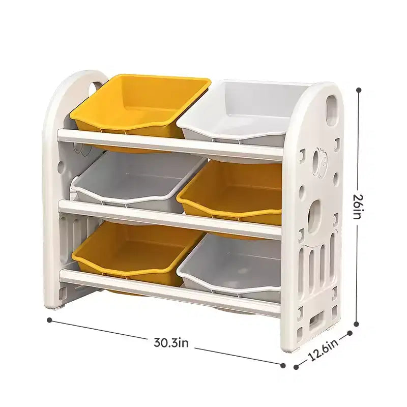Organizzatore porta giocattoli per bambini con ripiani in HDPE e 6 contenitori, 77 cm L x 32 cm P x 66 cm H