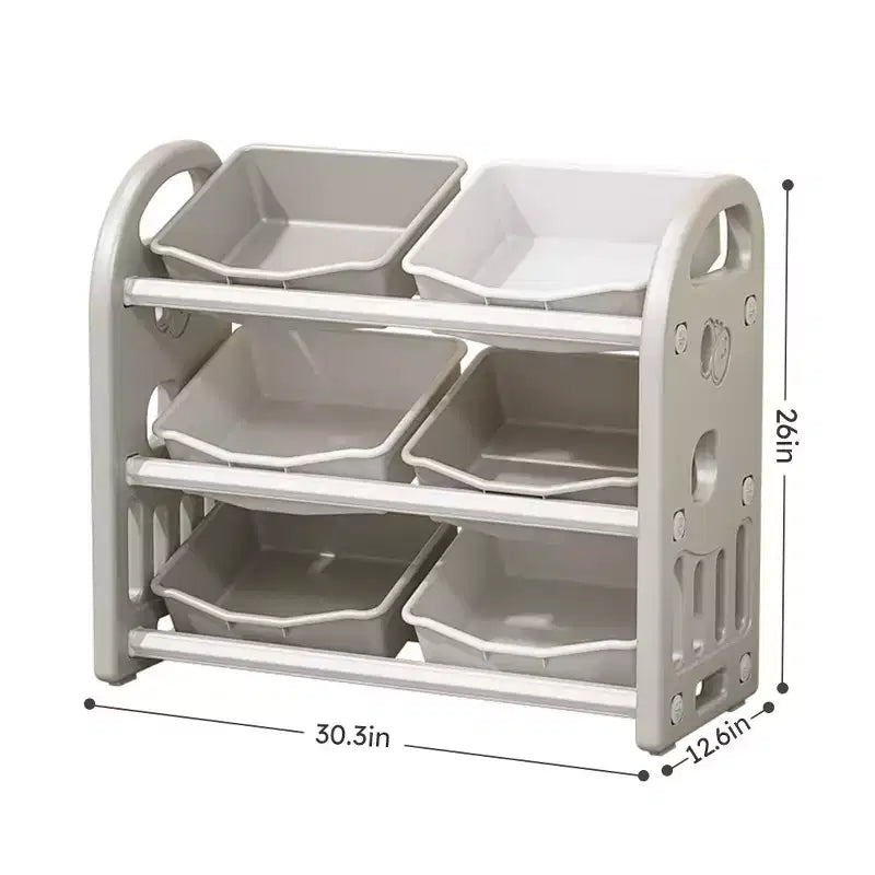 Organizzatore porta giocattoli per bambini con ripiani in HDPE e 6 contenitori, 77 cm L x 32 cm P x 66 cm H