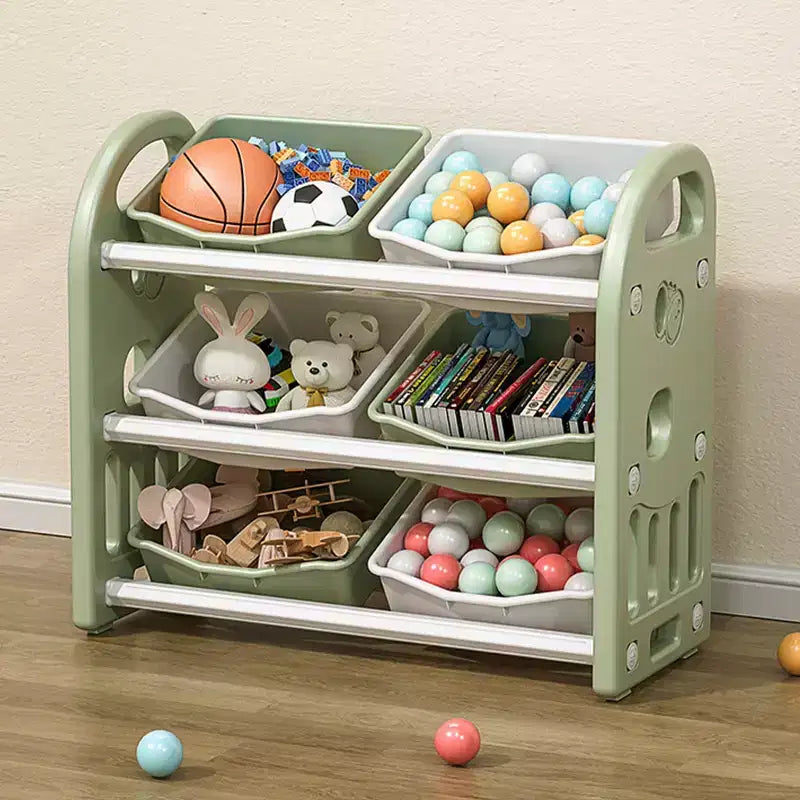 Organizzatore porta giocattoli per bambini con ripiani in HDPE e 6 contenitori, 77 cm L x 32 cm P x 66 cm H