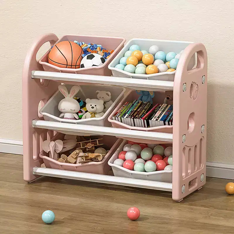 Organizzatore porta giocattoli per bambini con ripiani in HDPE e 6 contenitori, 77 cm L x 32 cm P x 66 cm H