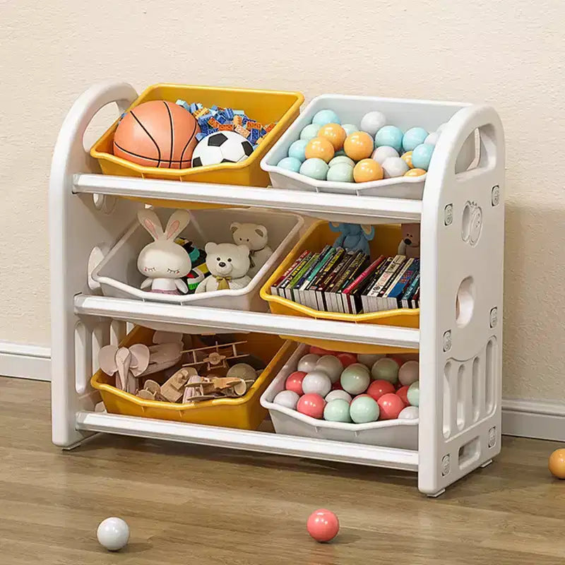 Organizzatore porta giocattoli per bambini con ripiani in HDPE e 6 contenitori, 77 cm L x 32 cm P x 66 cm H